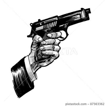 Hand with gun. Ink black and white drawing Hand with gun. Ink black and white drawing 87363362