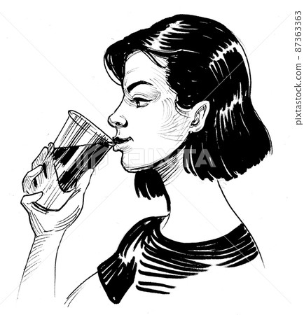 Pretty woman drinking a glass of wine. Ink black and white drawing Pretty woman drinking a glass of wine. Ink black and white drawing 87363363