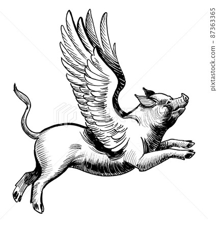 Flying pig. Ink black and white drawing Flying pig. Ink black and white drawing 87363365