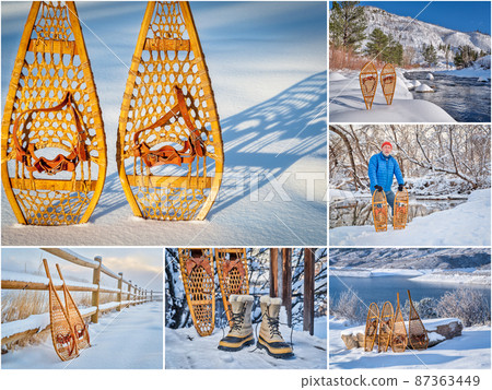 Classic wooden snowshoes in northern Colorado Classic wooden snowshoes in northern Colorado 87363449