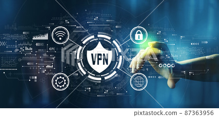 VPN concept with hand pressing a technology screen VPN concept with hand pressing a technology screen 87363956
