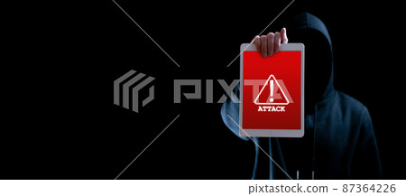 Hacker attack tablet cyber security. Digital mobile phone in hacker man hand isolated on black. Internet web hack technology. Login and password, cybersecurity banner concept. 87364226