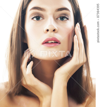 beautiful young brunette woman with vitiligo disease close up isolated on white beautiful young brunette woman with vitiligo disease close up isolated on white 87364395