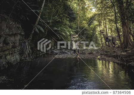 Velociraptor Dinosaur  in the  forest . 87364506