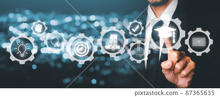 Online education training and e-learning webinar on internet, Person hand pointing with VR screen education icon, learning online with webinar, video tutorial, internet lessons 87365635
