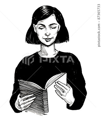 Pretty woman reading a book. Ink black and white drawing 87365733