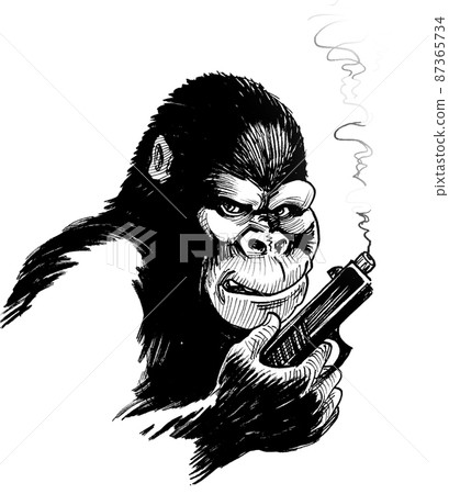 Gorilla with smoking gun. Ink black and white drawing 87365734
