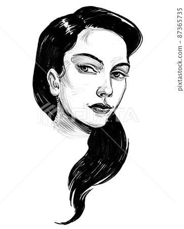 Beautiful brunette woman. Ink black and white drawing 87365735