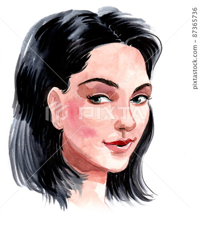 Beautiful brunette woman. Ink and watercolour drawing 87365736