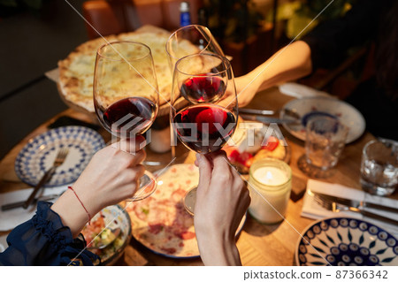 Celebrating with glasses of alcohol in hands. Happy female friends having good time. 87366342