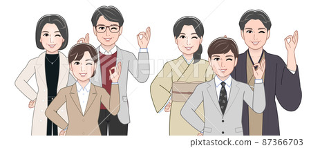 兩對年輕人和父母歡呼 87366703