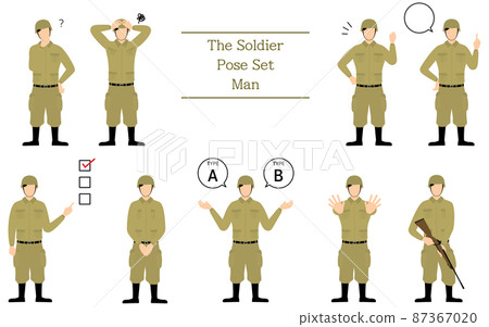 Male soldier pose set, doubts, worries, encouragement, pointing, etc. 87367020