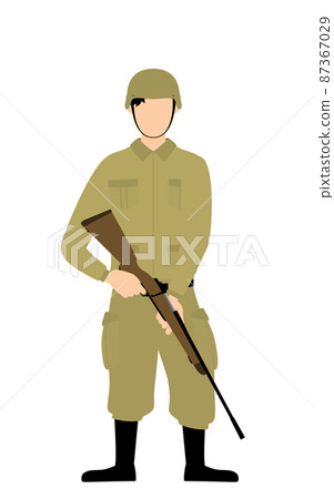 Male soldier poses, stands on guard with a rifle 87367029