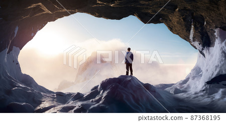 Adventurous Man Hiker standing in an ice cave with rocky mountains in background. 87368195