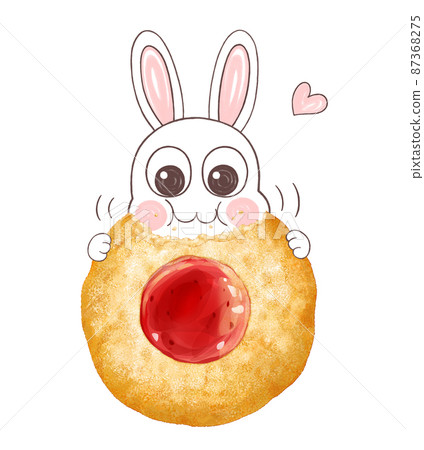 一隻兔子吃草莓醬餅乾的插圖 一隻兔子吃草莓醬餅乾的插圖 87368275