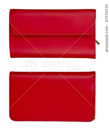 Set of two angles of a red women's leather wallet-purse, front and back, isolated on a white background. Set of two angles of a red women's leather wallet-purse, front and back, isolated on a white background. 87370530