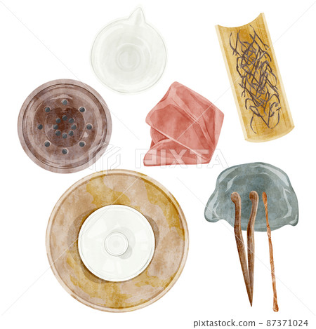 Chinese tea party tools hand drawn watercolor style illustration 87371024