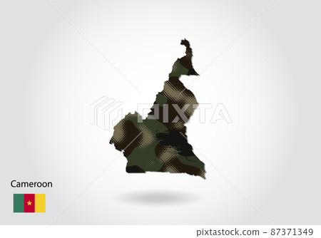 cameroon map with camouflage pattern, Forest - green texture in map. Military concept for army, soldier and war. coat of arms, flag. 87371349