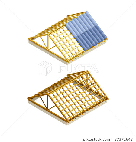 Roofing construction and repair. Roof frame covering with protective coating vector illustration 87371648