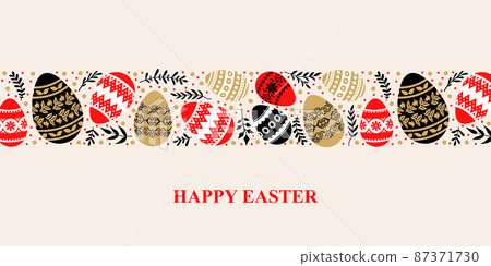 Easter horizontal card with decorative eggs and branches Easter horizontal card with decorative eggs and branches 87371730
