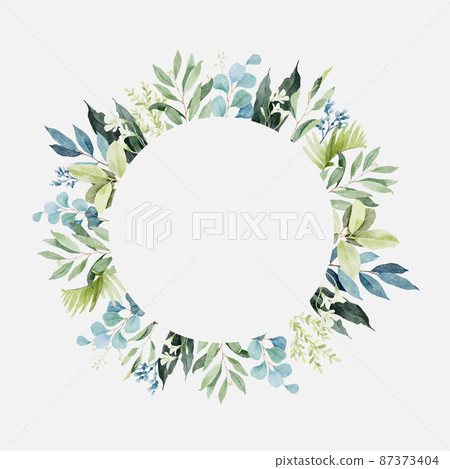 Watercolor round frame with greenery leaves branch Watercolor round frame with greenery leaves branch 87373404