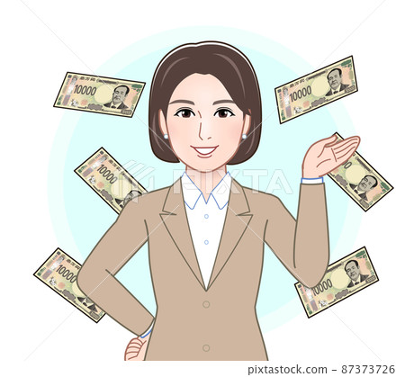 一張新的 10,000 日元紙幣和一個穿西裝的女人 87373726