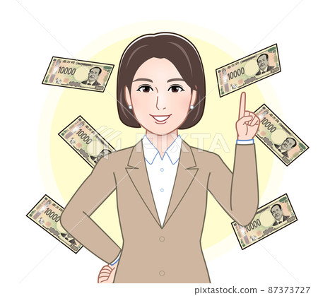 一張新的 10,000 日元紙幣和一個穿西裝的女人 87373727