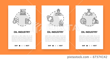 Oil industry vertical app screens. Web site design illustration. Fuel Truck, Engineer, Gasoline, Cargo Ship mobile banners for website development. 87374142