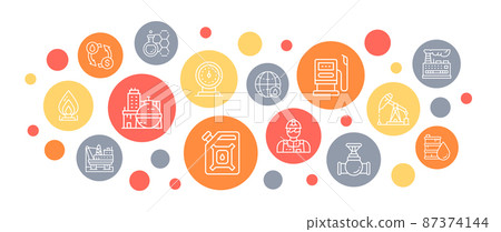 Oil industry line icons banner template. Fuel Truck, Engineer, Gasoline, Cargo Ship vector illustration for mobile app, web banner header. 87374144