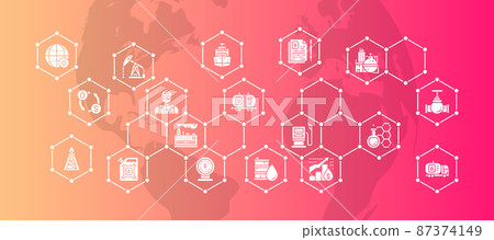 Oil industry website vector design. Fuel Truck, Engineer, Gasoline, Cargo Ship promotion illustration icon concept. 87374149