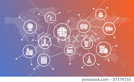 Oil industry promotion icons illustration. Fuel Truck, Engineer, Gasoline, Cargo Ship line icons banner. Vector illustration in line style. 87374150