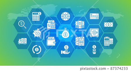 Money and Banking horizontal outline illustration. Credit Card, Currency Exchange, Atm, Terminal icon banner. Web banner layout template. 87374233