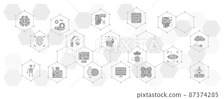 Artificial Intelligence vector banner with icons. Robotics, Chatbot, Database, Big Data web infographic 87374285
