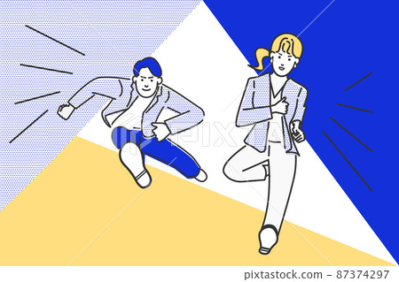 j 一個年輕男女商人跳過障礙的簡單線條圖的矢量圖解 j 一個年輕男女商人跳過障礙的簡單線條圖的矢量圖解 87374297