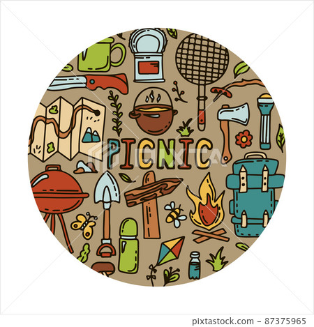 Doodle vector camping camping. Sketch hiking Icons.Hand draw illustration for summer picnic in nature. Camping equipments 87375965