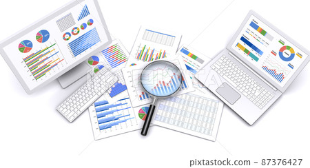 A bird's-eye view of the business scene, where you can look up business materials with a loupe and a computer. 87376427