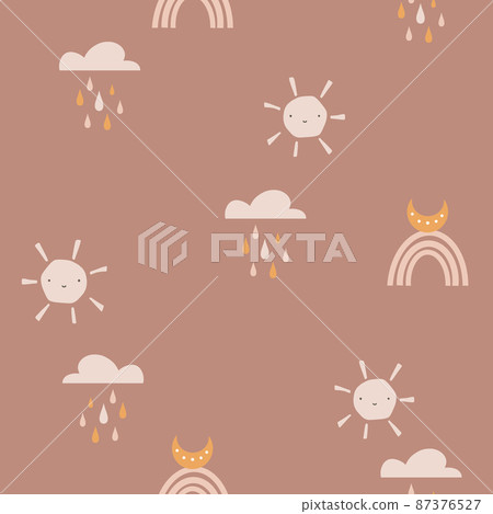 Bohemian rainbow pattern. Childish vector seamless pattern with sky, clouds, rain, sun, moon. Cute hand-drawn illustration in scandinavian style. pastel colors ideal for baby clothes, textiles 87376527