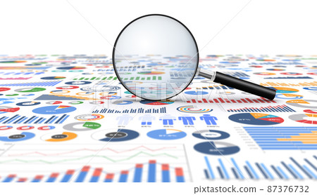 搜索業務圖表、放大鏡和業務材料的圖像 87376732
