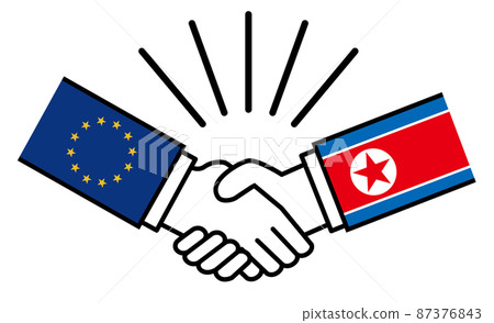 Euro and North Korea, handshake with national flag, war conflict between nations, image illustration of alliance, reconciliation, agreement Euro and North Korea, handshake with national flag, war conflict between nations, image illustration of alliance, reconciliation, agreement 87376843