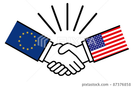 Euro and America, handshake with national flag, war conflict between nations, image illustration of alliance, reconciliation, agreement 87376858