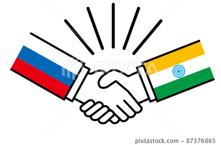 Russia and India, handshake with national flag, war conflict between nations, image illustration of alliance, reconciliation, agreement Russia and India, handshake with national flag, war conflict between nations, image illustration of alliance, reconciliation, agreement 87376865