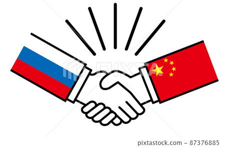 Russia and China shake hands with national flags, war conflicts between nations, image illustrations of alliances, reconciliations, and agreements Russia and China shake hands with national flags, war conflicts between nations, image illustrations of alliances, reconciliations, and agreements 87376885