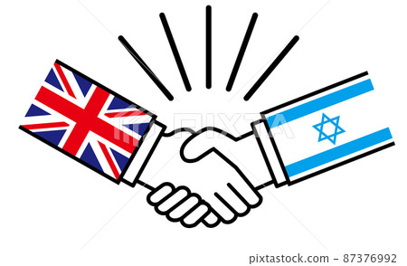 Britain and Israel, handshake with national flag, war conflict between nations, image illustration of alliance, reconciliation, agreement 87376992