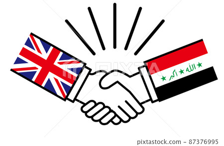 英國和伊拉克與國旗握手 國家之間的戰爭衝突 聯盟、和解、協議的圖像說明 英國和伊拉克與國旗握手 國家之間的戰爭衝突 聯盟、和解、協議的圖像說明 87376995