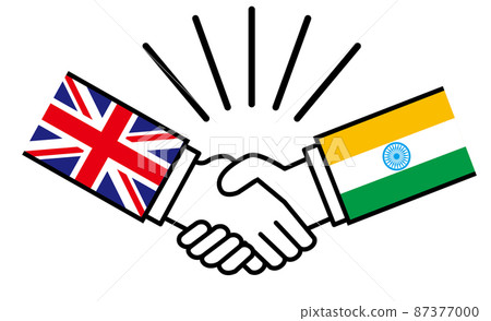Britain and India, handshake with national flag, war conflict between nations, image illustration of alliance, reconciliation, agreement 87377000