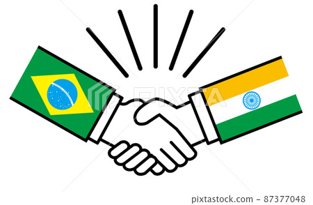 Brazil and India, handshake with national flag, war conflict between nations, image illustration of alliance, reconciliation, agreement 87377048
