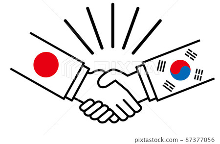 Japan and South Korea, handshake with national flag, war conflict between nations, image illustration of alliance, reconciliation, agreement 87377056