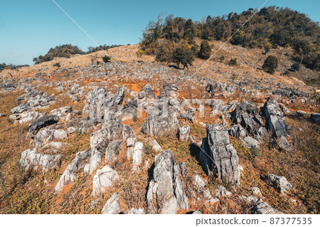Rocks and farmland are dry during the hot summer days. 87377535