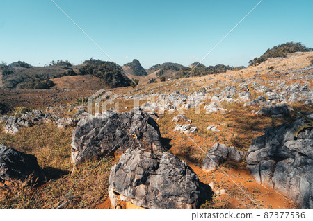 Rocks and farmland are dry during the hot summer days. Rocks and farmland are dry during the hot summer days. 87377536
