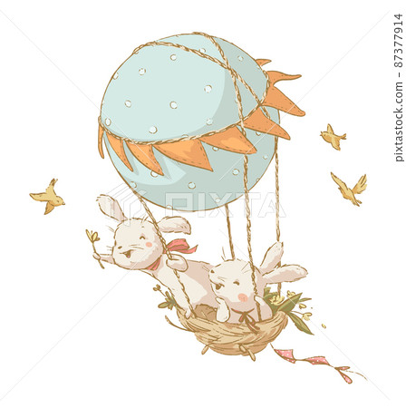 Vector spring illustration of two cute bunny flying on big air balloon isolated. Vector spring illustration of two cute bunny flying on big air balloon isolated. 87377914